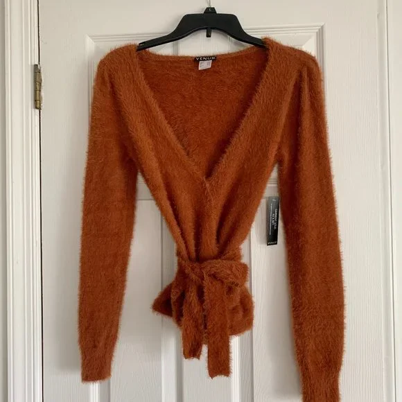 Camel Fuzzy Wrap Sweater. Tie Front, Long Sleeve. Sexy, Low Plunge V-Neck. US S - Picture 2 of 7